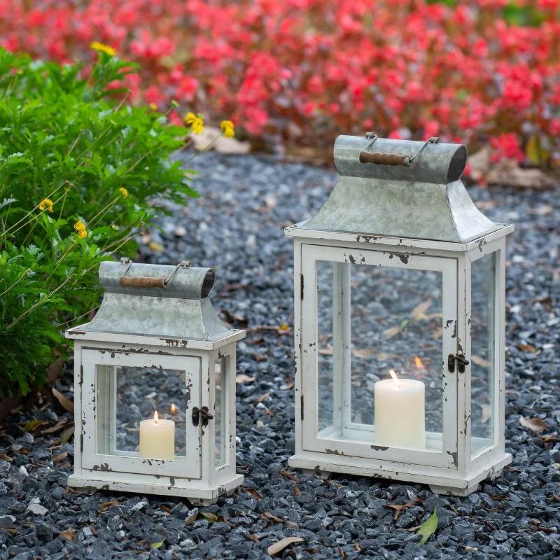 Set of 2 Decorative Hurricane Lantern Holder with Wood and Glass Construction, Candle Lantern Set for Home Garden Wedding Decor, White