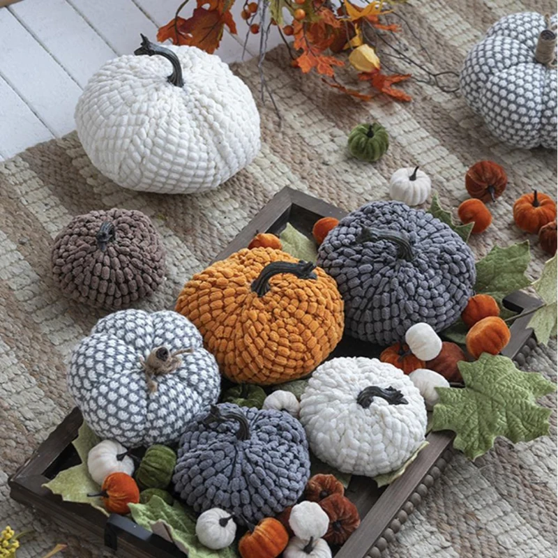 Set of 2 Chenille Weighted Pumpkin Ornaments, Holiday Harvest Festival Decor, 9" L x 8.5" W x 7" H, White