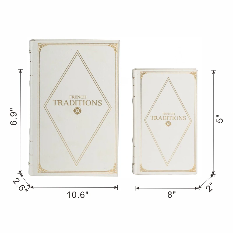 Set of 2 Decorative Book Boxes with Hidden Storage, Faux Leather Cover, Vintage Style for Home, Office, White+Gold