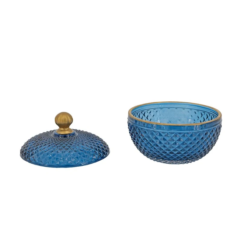 Set of 2 Vintage-Inspired Glass Candy Jars with Lids, Diamond-Cut Texture, Ideal for Candy, Jewelry, and Trinkets, 5" L x 5" W x 5" H, Blue+Gold