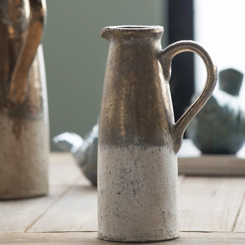 Ceramic Pitcher with Two-Toned Metallic Glaze, Ideal Decor for Vintage or Rustic, 7" L x 4.5" W x 11" H, Brown