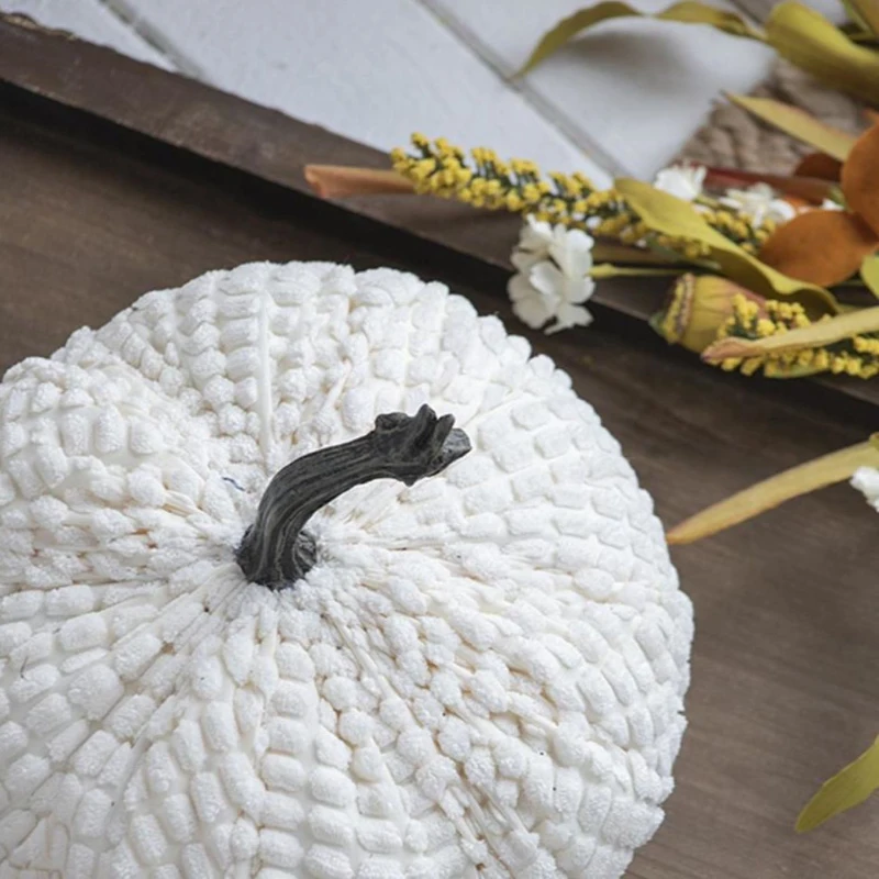 Set of 2 Chenille Weighted Pumpkin Ornaments, Holiday Harvest Festival Decor, 9" L x 8.5" W x 7" H, White