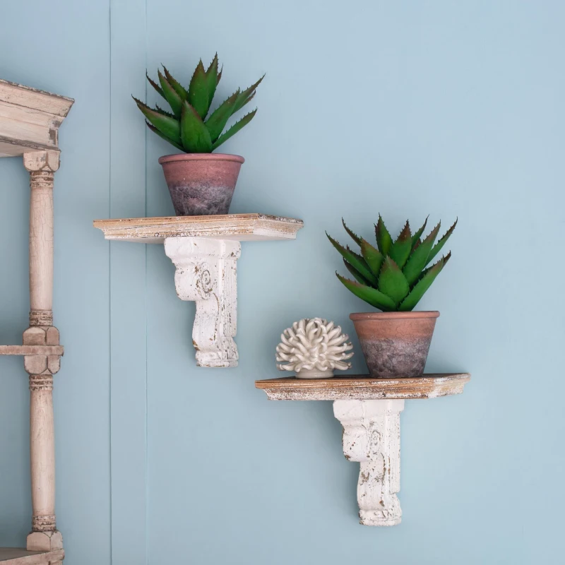 Distressed Wooden Wall Shelf with Corbel Design, Decorative Storage for Home, 14" L x 9" W x 11.5" H, Brown+Antique White