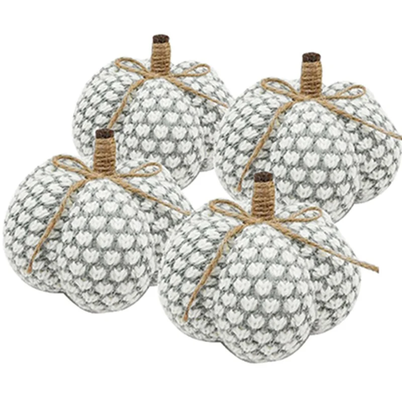 Set of 4 Farmhouse-Inspired Knitted Pumpkin Ornaments, Fall and Thanksgiving Decor, 6" L x 6" W x 5" H, Gray