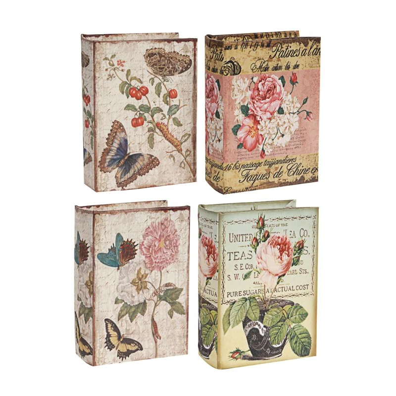 Set of 4 Elegant Design Decorative Book Boxes with Flowers, Butterflies, 4" L x 2" W x 5.5" H, Multicolor
