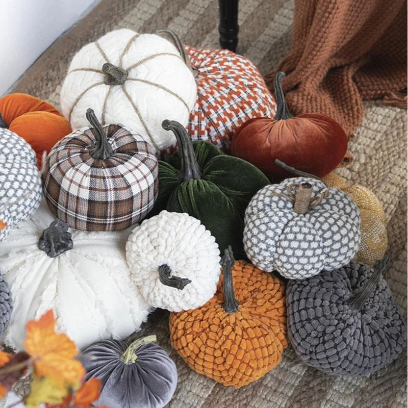 Set of 4 Farmhouse-Inspired Knitted Pumpkin Ornaments, Fall and Thanksgiving Decor, 6" L x 6" W x 5" H, Gray