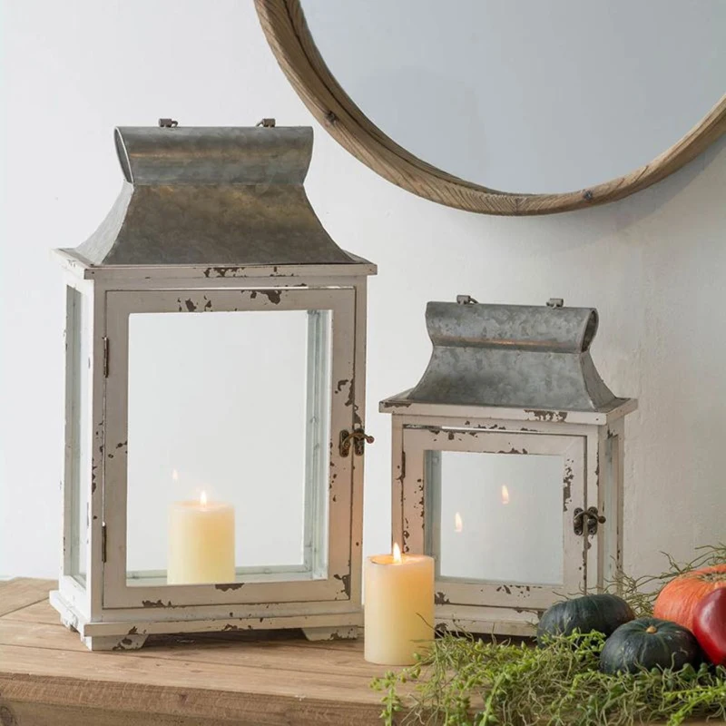 Set of 2 Decorative Hurricane Lantern Holder with Wood and Glass Construction, Candle Lantern Set for Home Garden Wedding Decor, White