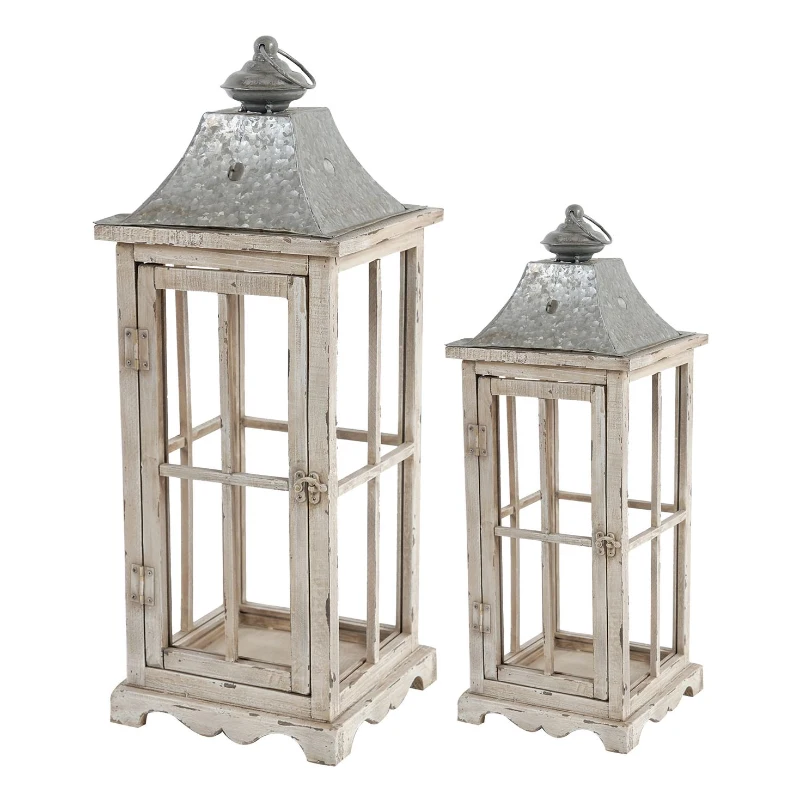 Set of 2 Decorative Hurricane Lantern Holder with Wood and Glass Construction, Candle Lantern Set for Home Garden Wedding Decor, Ivory