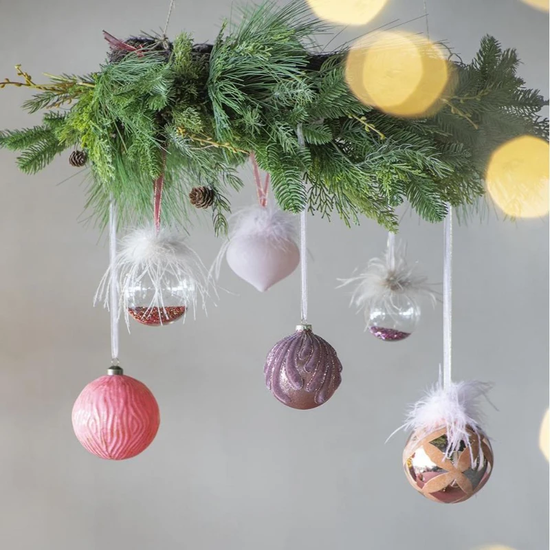 Set of 6 Christmas Ball Ornaments for Holiday Party Decorations, Glass Decorative Hanging Balls, 4" Diameter, Pink