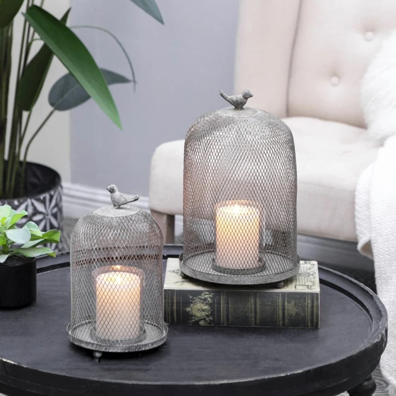 Set of 2 Iron Mesh Candle Holders with Bird Design, Versatile Home Decor for Shelves and Tables, Antique Gray