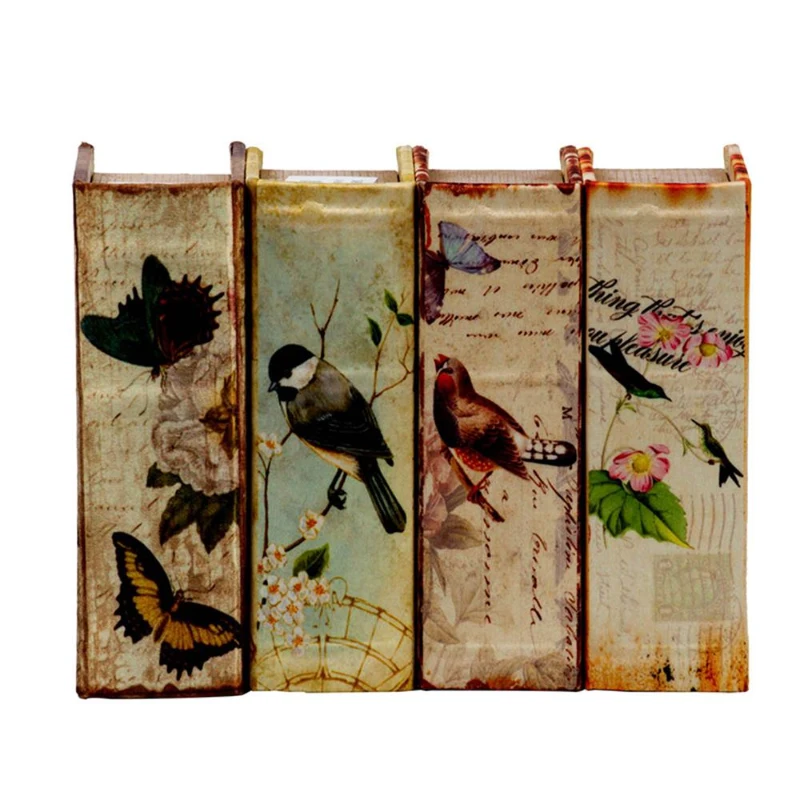 Set of 4 Decorative Book Boxes with Birds, Flowers, and Handwriting Design, 4" L x 2" W x 5.5" H, Multicolor