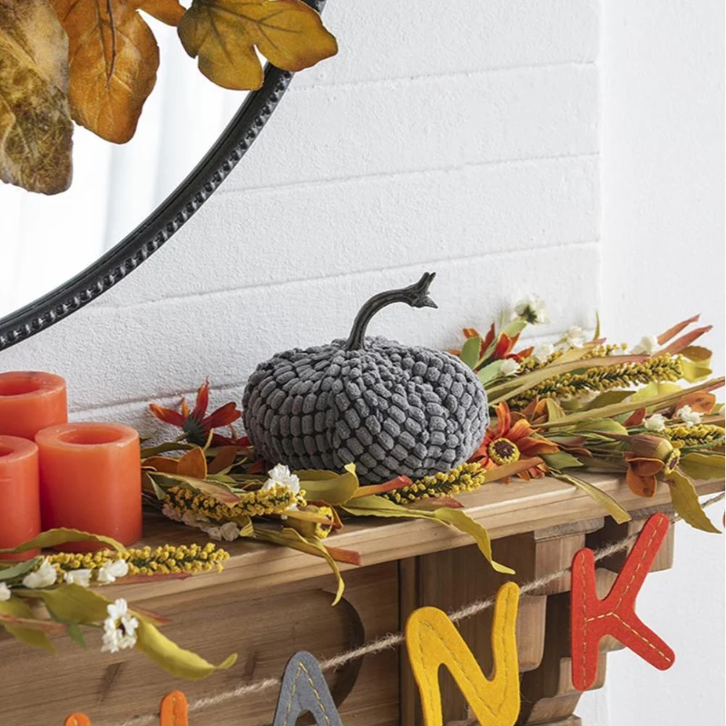 Set of 2 Chenille Weighted Pumpkin Table Ornaments, Fall Festival and Thanksgiving Decor, 6.5" L x 6.5" W x 6" H, Gray
