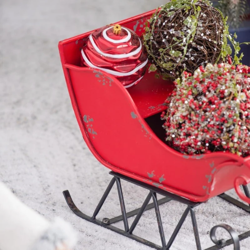 Iron Santa Sleigh Tabletop Decoration, Distressed Christmas Holiday Decor, 14.5" L x 10" W x 11" H, Red+Black