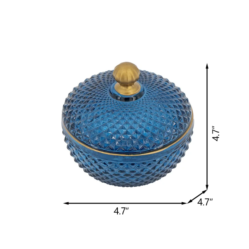 Set of 2 Vintage-Inspired Glass Candy Jars with Lids, Diamond-Cut Texture, Ideal for Candy, Jewelry, and Trinkets, 5" L x 5" W x 5" H, Blue+Gold