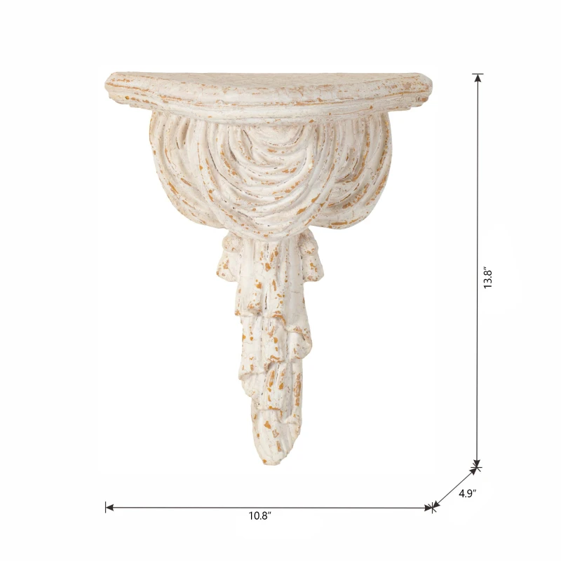Antique Wall Shelf with Lavish Design and Aged Finish, Elegant Display for grand office, opulent foyer, 11" L x 5" W x 14" H, White