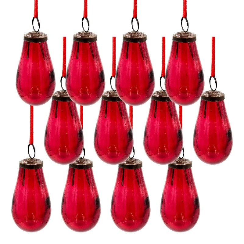 Set of 12 Glass Tear Drop Christmas Ornaments, Decorative Hanging Holiday Party Decor, 2" L x 2" W x 4" H, Red