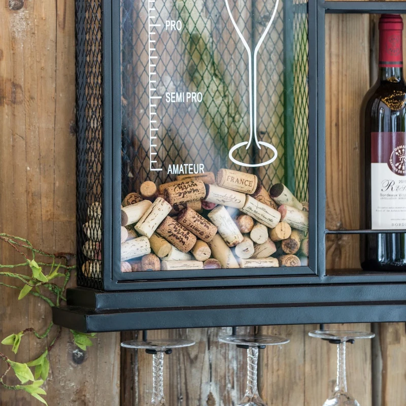 Floating Wine Bar Shelf with Glass Holder and Display Shelves, Iron Construction, Two-Tiered Storage, 26" L x 5" W x 28.5" H, Black