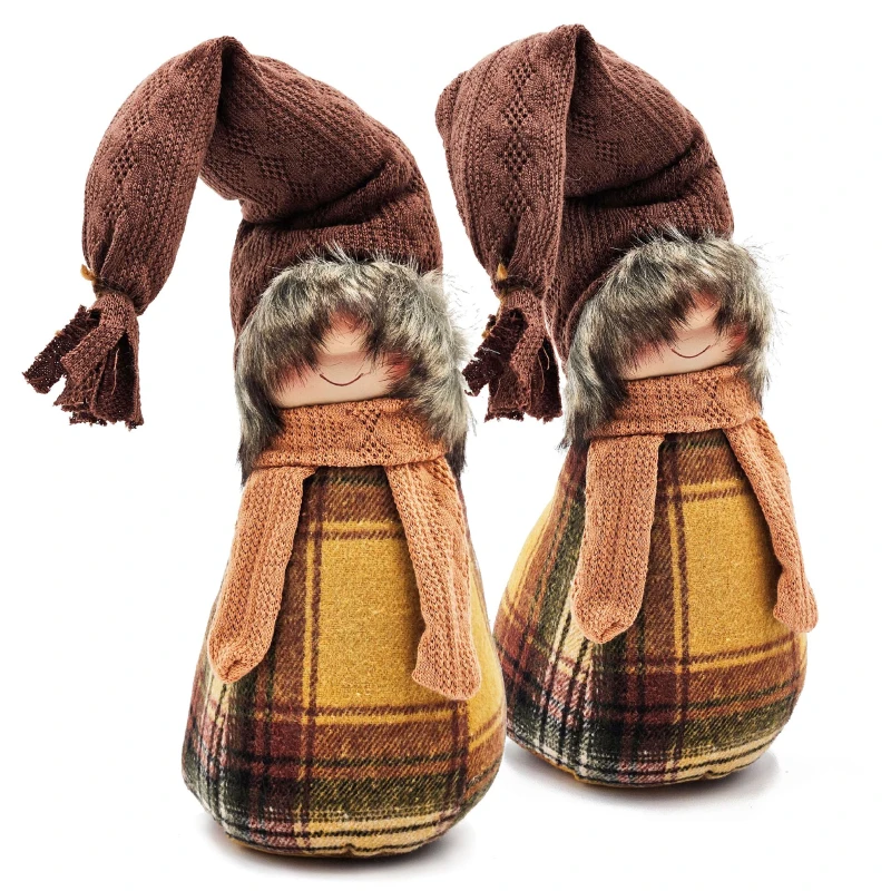 2 Piece Gnome Decorations with Cozy Plaid Design, Fall Thanksgiving Table Decor, 6" L x 6" W x 19" H, Brown+Yellow
