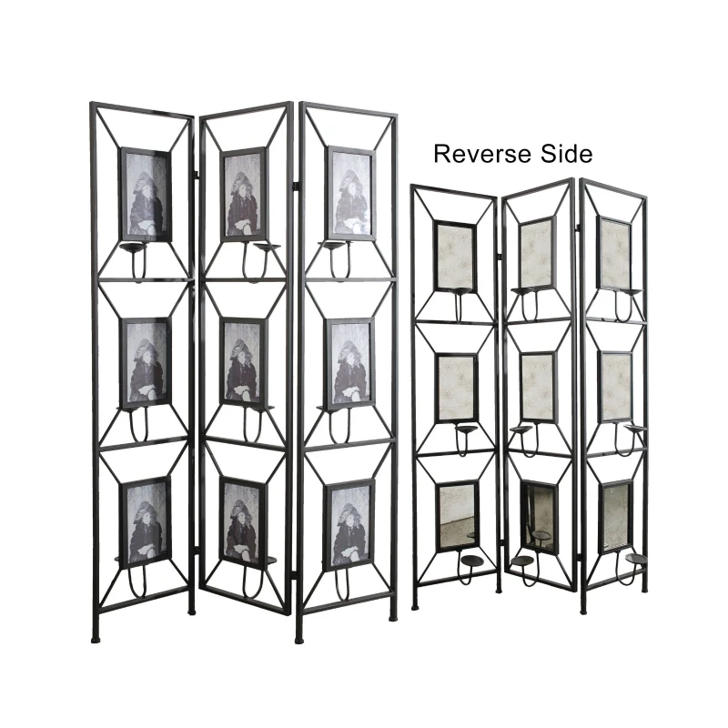 3-Panel Room Divider with Photo Frames, Antique Mirror, Candle Stick, Decorative Screen for Any Space, 47" L x 1" W x 71" H, Black