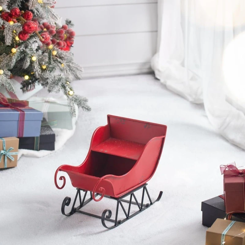 Iron Santa Sleigh Tabletop Decoration, Distressed Christmas Holiday Decor, 14.5" L x 10" W x 11" H, Red+Black