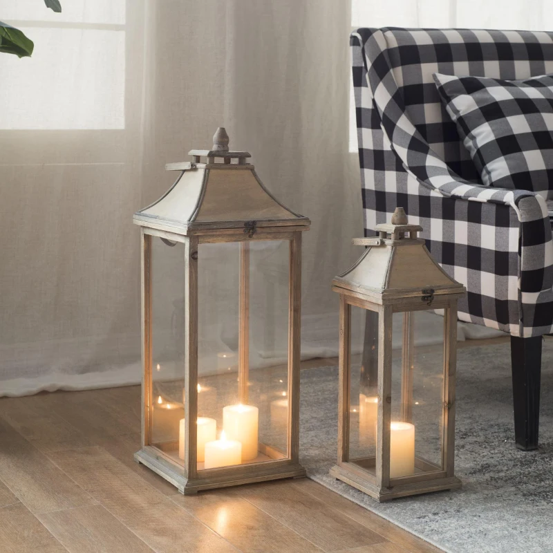 2 Wood and Glass Lantern Set with Elegant Design, Ideal for Home, Garden, or Wedding decor, Ivory