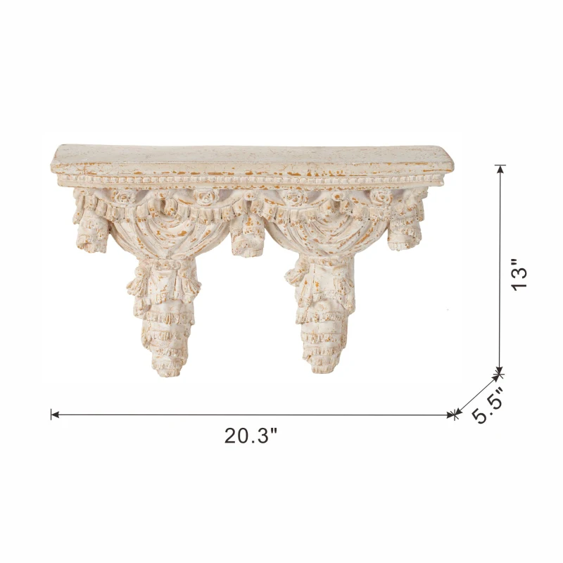 Antique Wall Shelf with Lavish Design and Aged Finish, Elegant Display for a luxurious master bathroom, 20.5" L x 5.5" W x 13" H, White