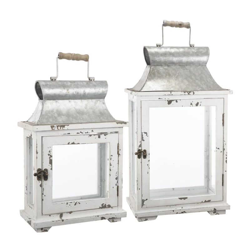 Set of 2 Decorative Hurricane Lantern Holder with Wood and Glass Construction, Candle Lantern Set for Home Garden Wedding Decor, White