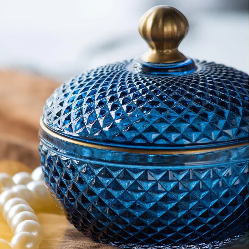 Set of 2 Vintage-Inspired Glass Candy Jars with Lids, Diamond-Cut Texture, Ideal for Candy, Jewelry, and Trinkets, 5" L x 5" W x 5" H, Blue+Gold