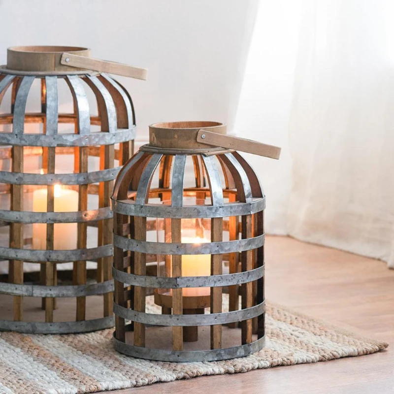 Decorative Industrial Lantern with Wooden and Metal Cage Design, Lantern with Handle for Indoor and Outdoor, 9.5" L x 9.5" W x 18" H, Silver