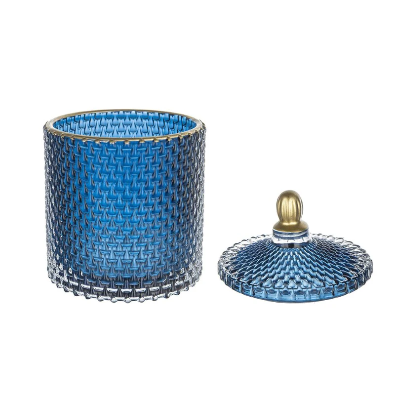 Set of 2 Vintage-Inspired Design Glass Candy Jars with Lids, Ideal for Candy, Jewelry, and Trinkets, 3.5" L x 3.5" W x 6" H Each, Blue+Gold