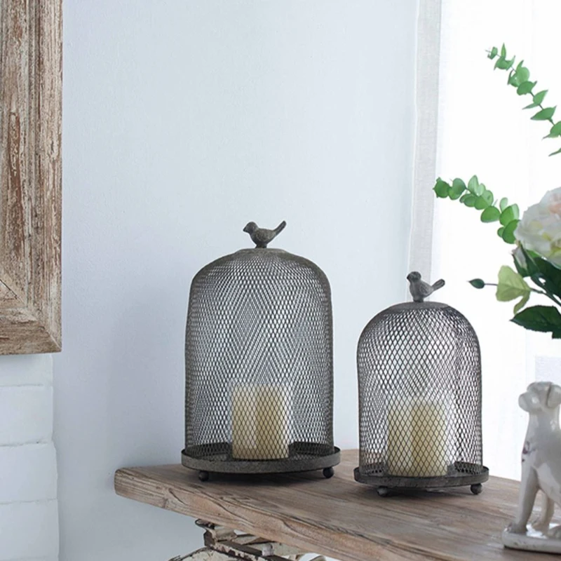 Set of 2 Iron Mesh Candle Holders with Bird Design, Versatile Home Decor for Shelves and Tables, Antique Gray