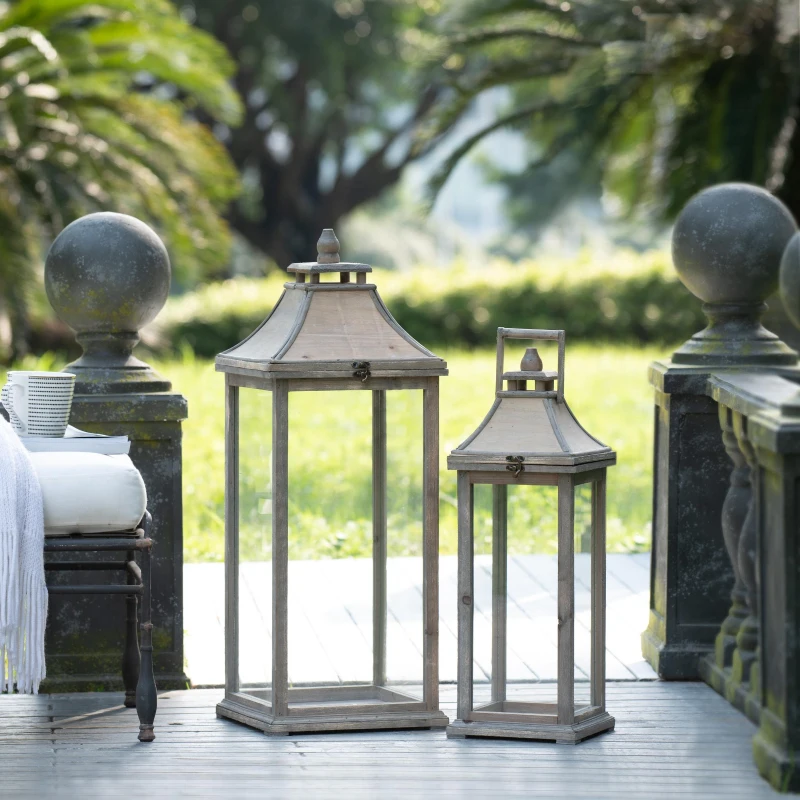 2 Wood and Glass Lantern Set with Elegant Design, Ideal for Home, Garden, or Wedding decor, Ivory