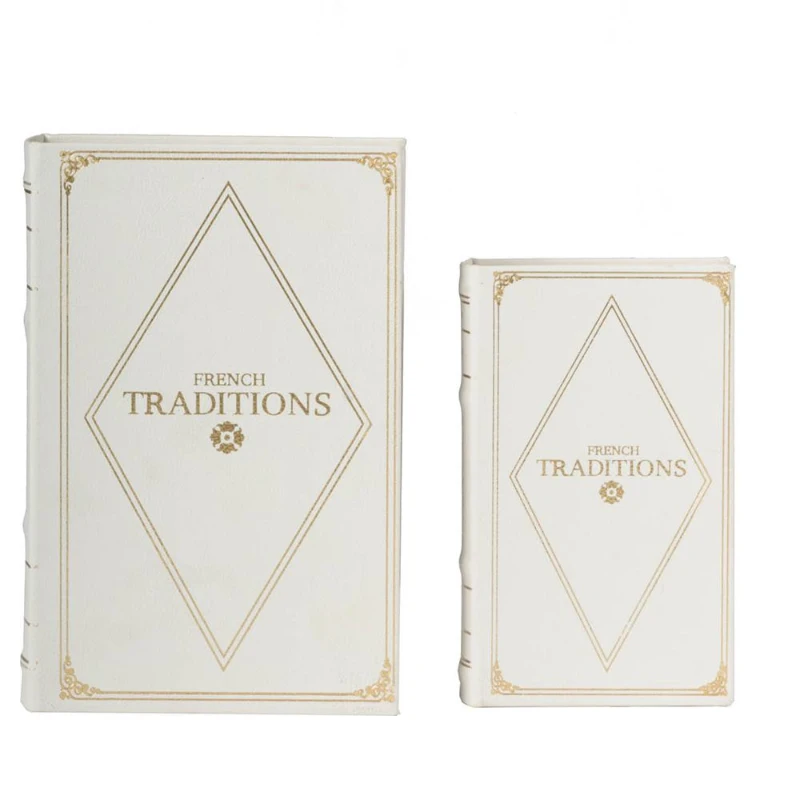 Set of 2 Decorative Book Boxes with Hidden Storage, Faux Leather Cover, Vintage Style for Home, Office, White+Gold