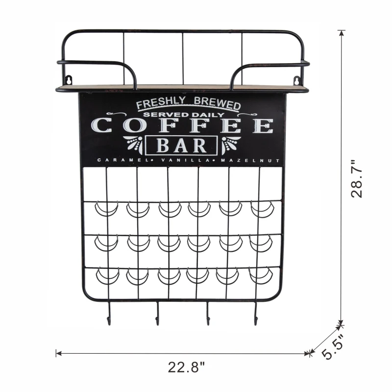 Floating Coffee Bar Shelf with Coffee Pod Holder, Hooks, and Storage Shelf, 23" L x 5.5" W x 29" H, Black