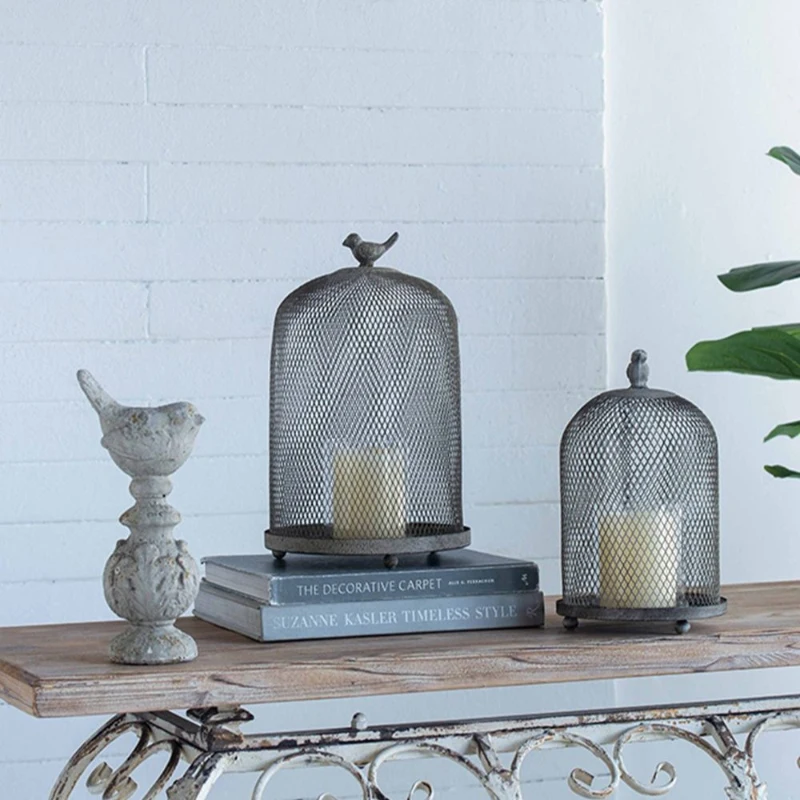Set of 2 Iron Mesh Candle Holders with Bird Design, Versatile Home Decor for Shelves and Tables, Antique Gray