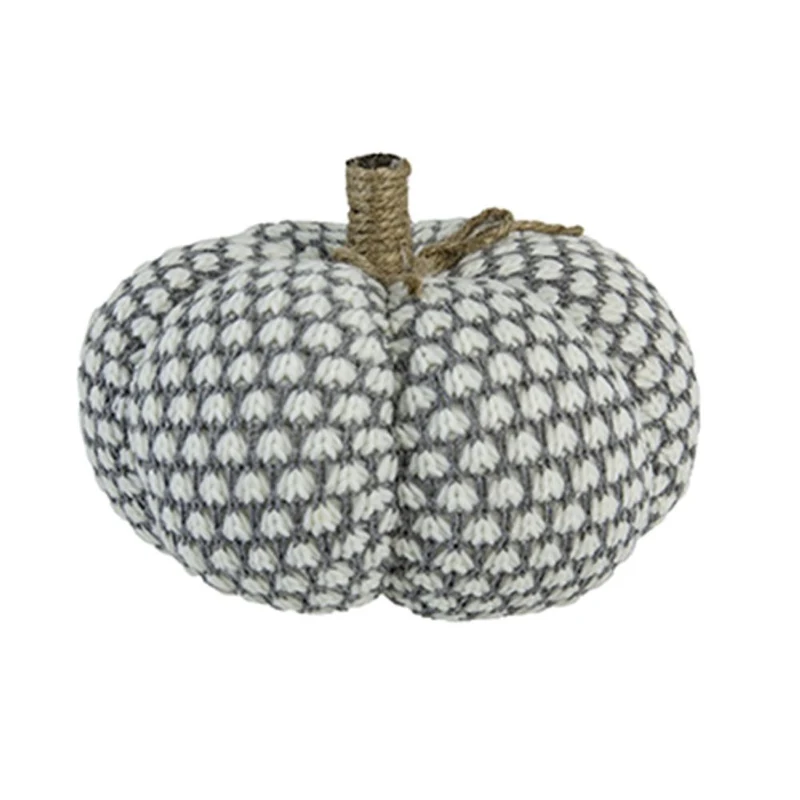 Set of 2 Knitted Pumpkin Ornaments with Farmhouse-Inspired Design, Fall and Thanksgiving Decor, 8" L x 8" W x 6.5" H, White+Gray