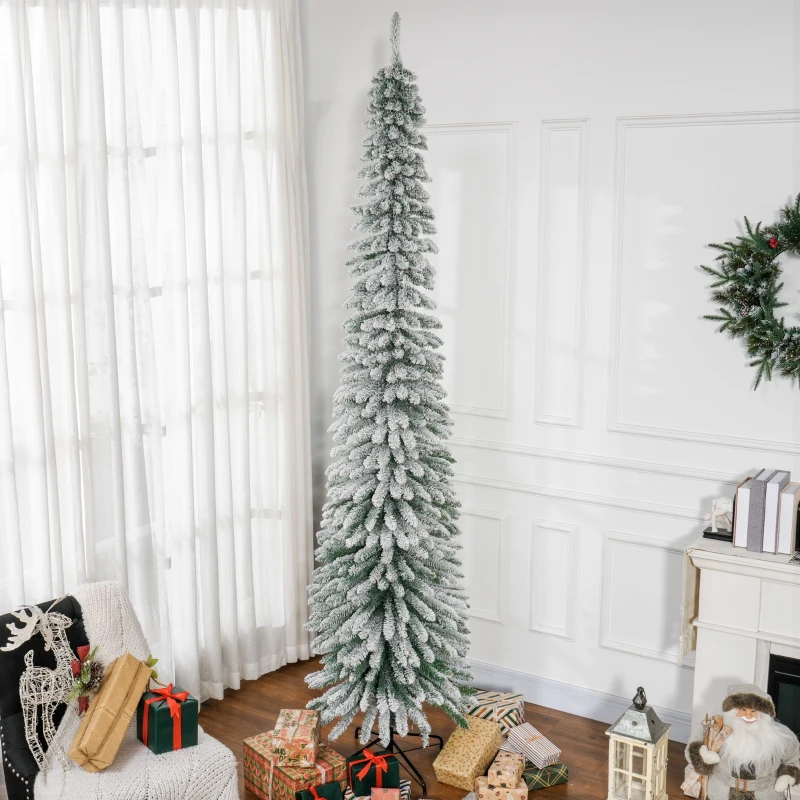 HOMCOM 9ft Snow-Flocked Artificial Christmas Tree, Slim Pencil Xmas Tree with 714 Realistic Branches, Metal Base, Green