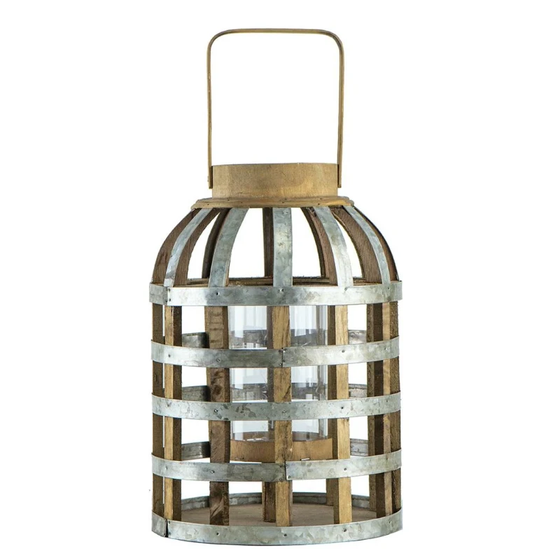 Decorative Industrial Lantern with Wooden and Metal Cage Design, Lantern with Handle for Indoor and Outdoor, 9.5" L x 9.5" W x 18" H, Silver