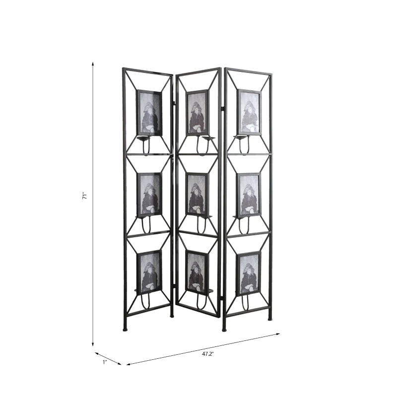 3-Panel Room Divider with Photo Frames, Antique Mirror, Candle Stick, Decorative Screen for Any Space, 47" L x 1" W x 71" H, Black