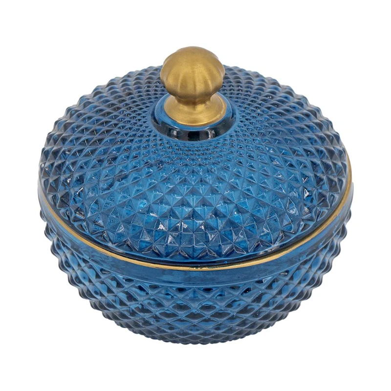 Set of 2 Vintage-Inspired Glass Candy Jars with Lids, Diamond-Cut Texture, Ideal for Candy, Jewelry, and Trinkets, 5" L x 5" W x 5" H, Blue+Gold