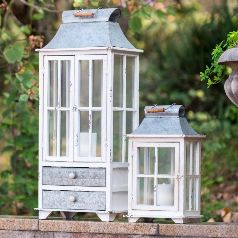 Set of 2 Decorative Hurricane Lantern Candle Holders, One with Lower Drawers, Wood and Glass Construction, for Home Garden Wedding Decor, Ivory