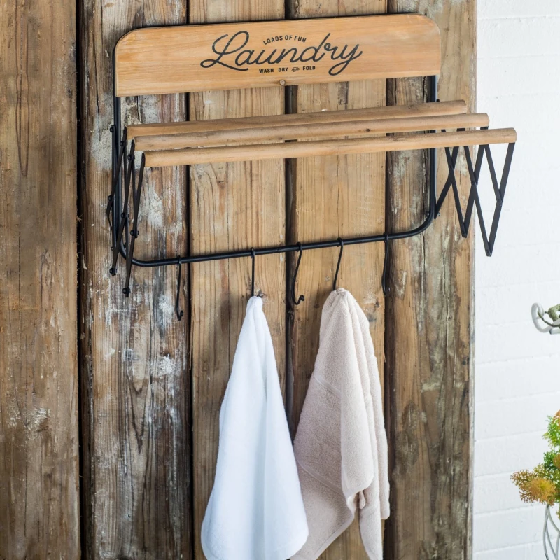 Vintage Farmhouse Charm Wall-Mounted Laundry Rack with Accordion Design, 3 Wooden Bars, 5 Hooks, for Towels and Delicates, Black Brown