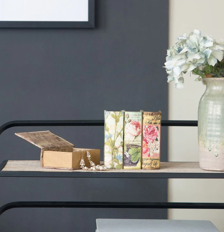 Set of 4 Decorative Book Boxes with Birds, Flowers, and Handwriting Design, 4" L x 2" W x 5.5" H, Multicolor