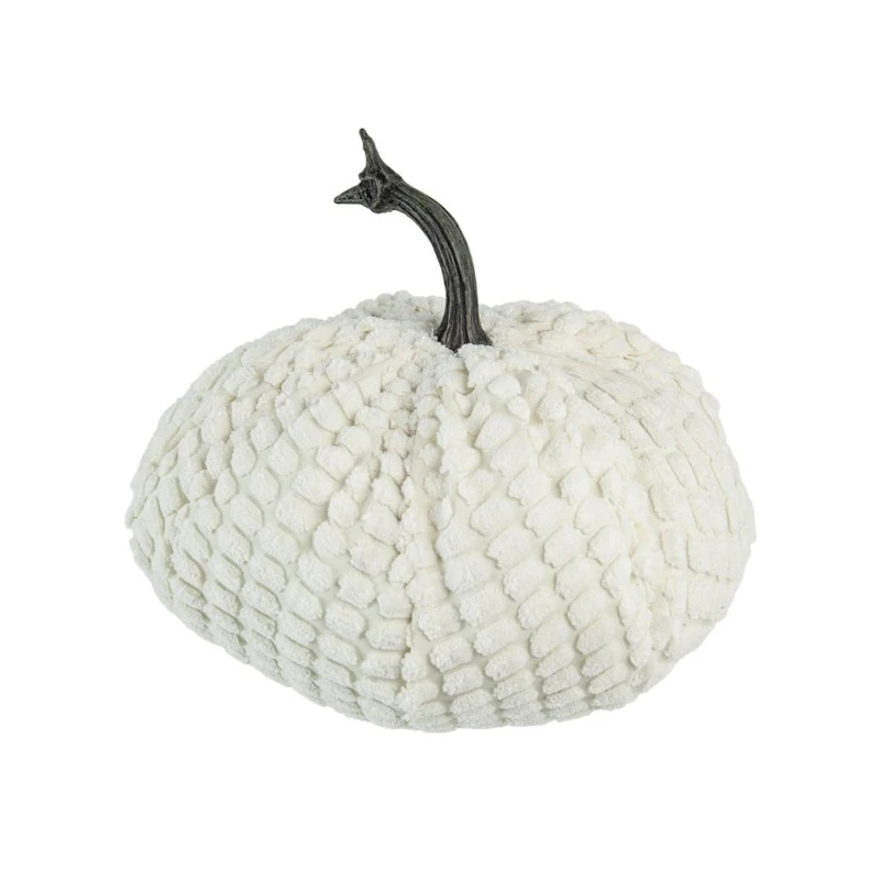 Set of 2 Chenille Weighted Pumpkin Ornaments, Holiday Harvest Festival Decor, 9" L x 8.5" W x 7" H, White