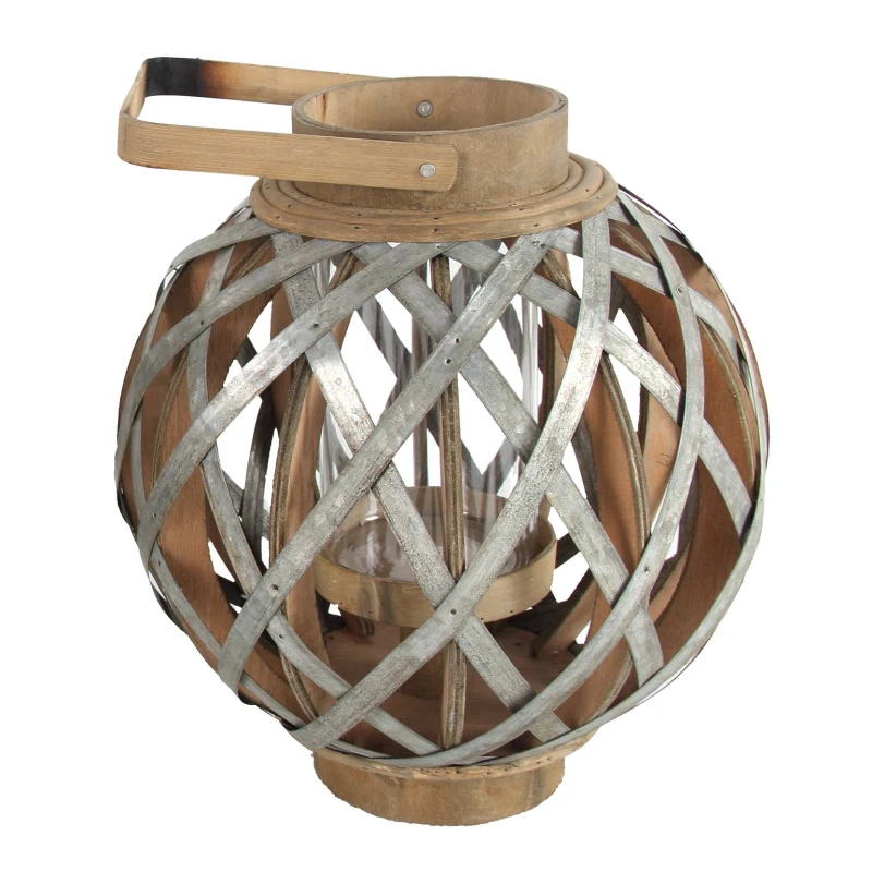 Iron-Caged Design Lantern with Handle, for Indoor/Outdoor Use, 11.5" Diameter, Silver