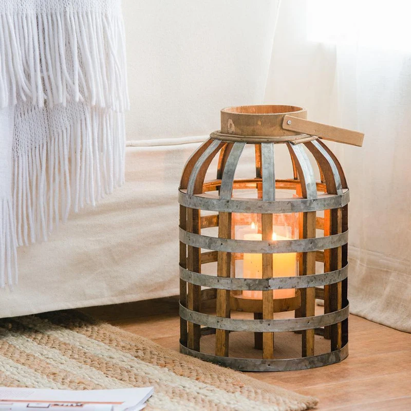 Decorative Industrial Lantern with Wooden and Metal Cage Design, Lantern with Handle for Indoor and Outdoor, 9.5" L x 9.5" W x 18" H, Silver