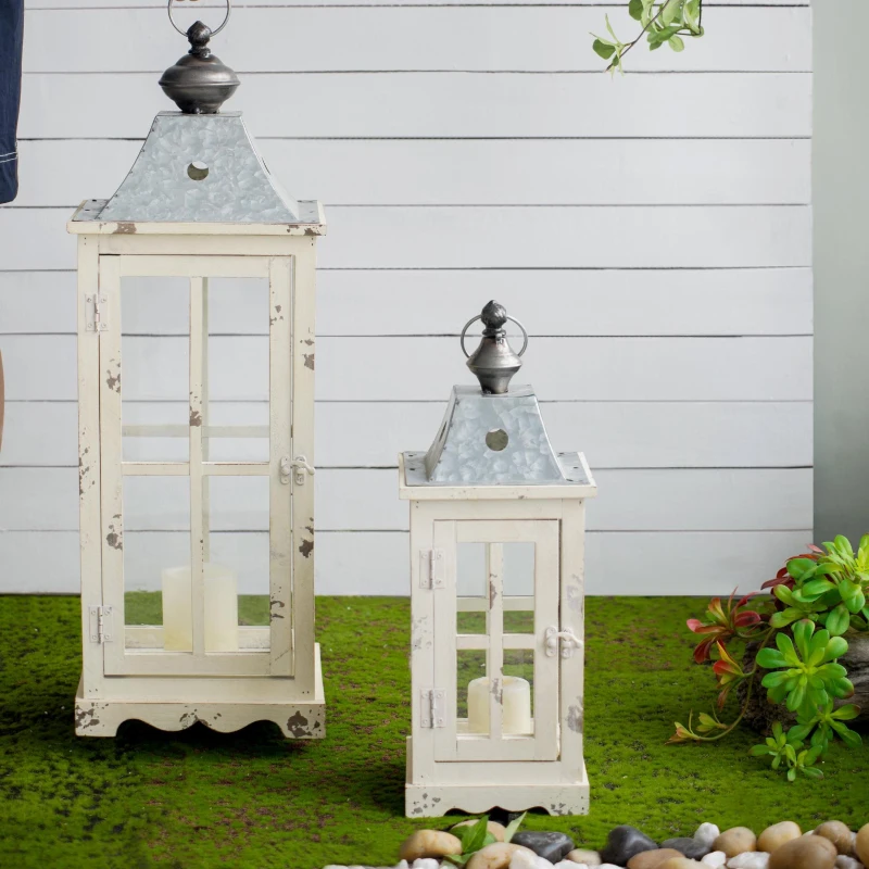 Set of 2 Decorative Hurricane Lantern Holder with Wood and Glass Construction, Candle Lantern Set for Home Garden Wedding Decor, Ivory