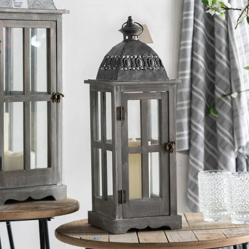 Set of 2 Decorative Hurricane Lantern Holder with Wood and Glass Construction, Candle Lantern Set for Home Garden Wedding Decor, Gray