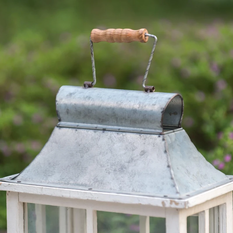 Set of 2 Decorative Hurricane Lantern Candle Holders, One with Lower Drawers, Wood and Glass Construction, for Home Garden Wedding Decor, Ivory