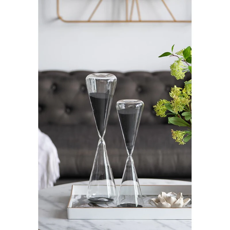 120-Minute Triangular Hourglass with Black Sand and Crystal Stand, Decorative Glass Timer, 4.5" L x 4.5" W x 19.5" H, Black